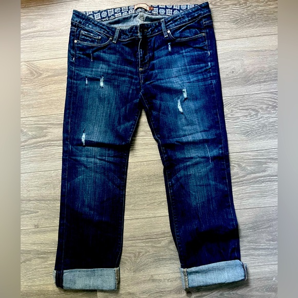 Paige Maternity Adjustable Waist Straight Leg Dark Distressed Denim Blue Jean 31 - Picture 1 of 11